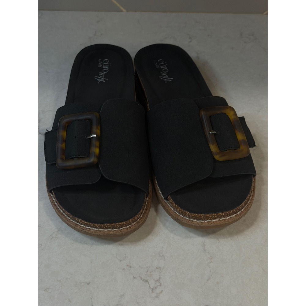 EuroSoft by Sofft Galilee Black Slide Sandals Tortoise Buckle Womens 8M